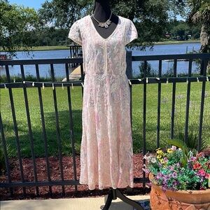 Reba Pink/Cream/Blue Flutter Lace Sleeve V-Neck Midi Dress